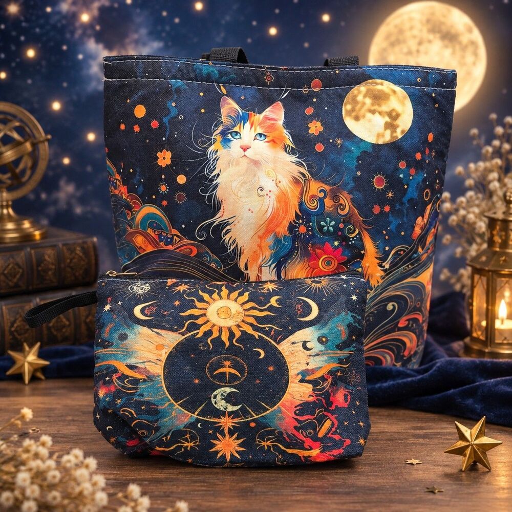 New 2pc Celestial Cat Insulated Lunch Tote & Zipper Pouch Sun Moon Star Lunar